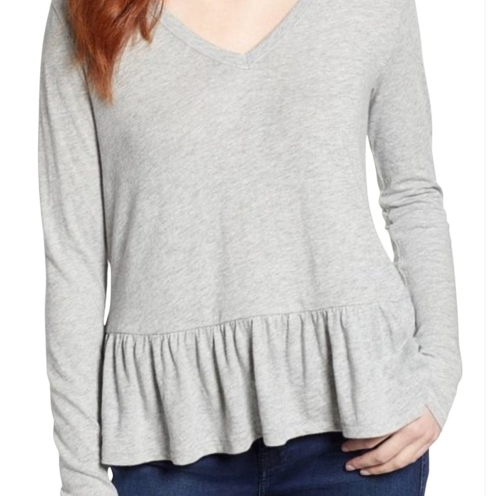 NWT CASLON Nordstrom Womens Gray V Neck Long Sleeve Peplum Basic T Shirt Size L
